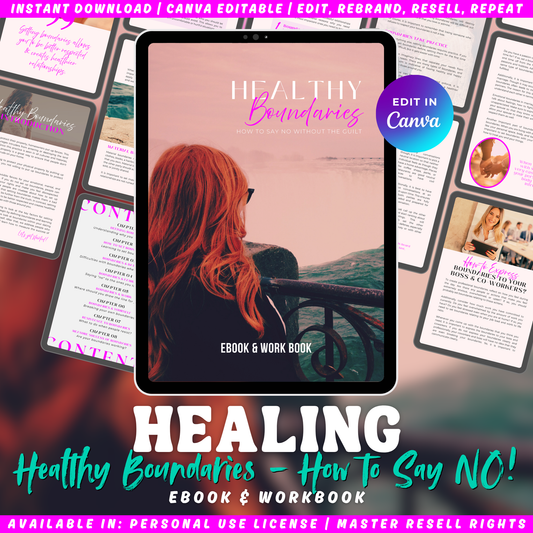 The cover of the ebook and workbook "Healthy Boundaries - how to say no without the guilt". Preview of pages from the book in the background. 