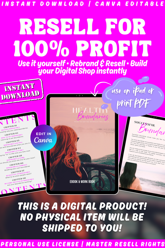 Promotional image of the ebook and workbook "Healthy boundaries - how to say no without the guilt". Digital product, instant download. Available with personal use license, private label rights, and master resell rights. 