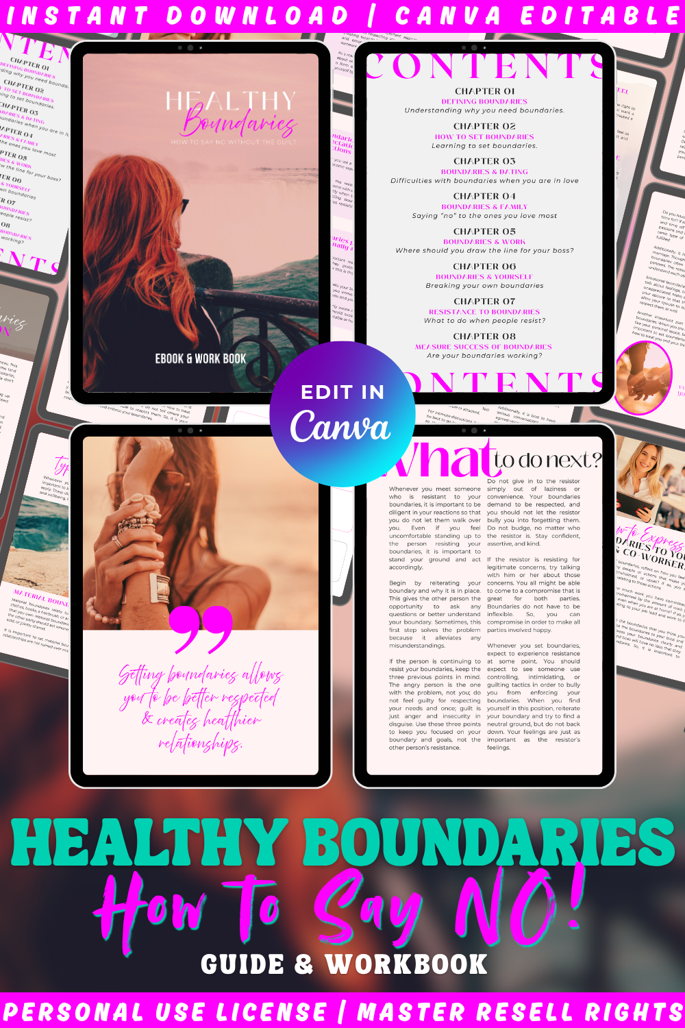 Guide and workbook "Healthy Boundaries - how to say no without the guilt". Preview of the pages from the book. Available in personal use license, private label rights, and master resell rights. 