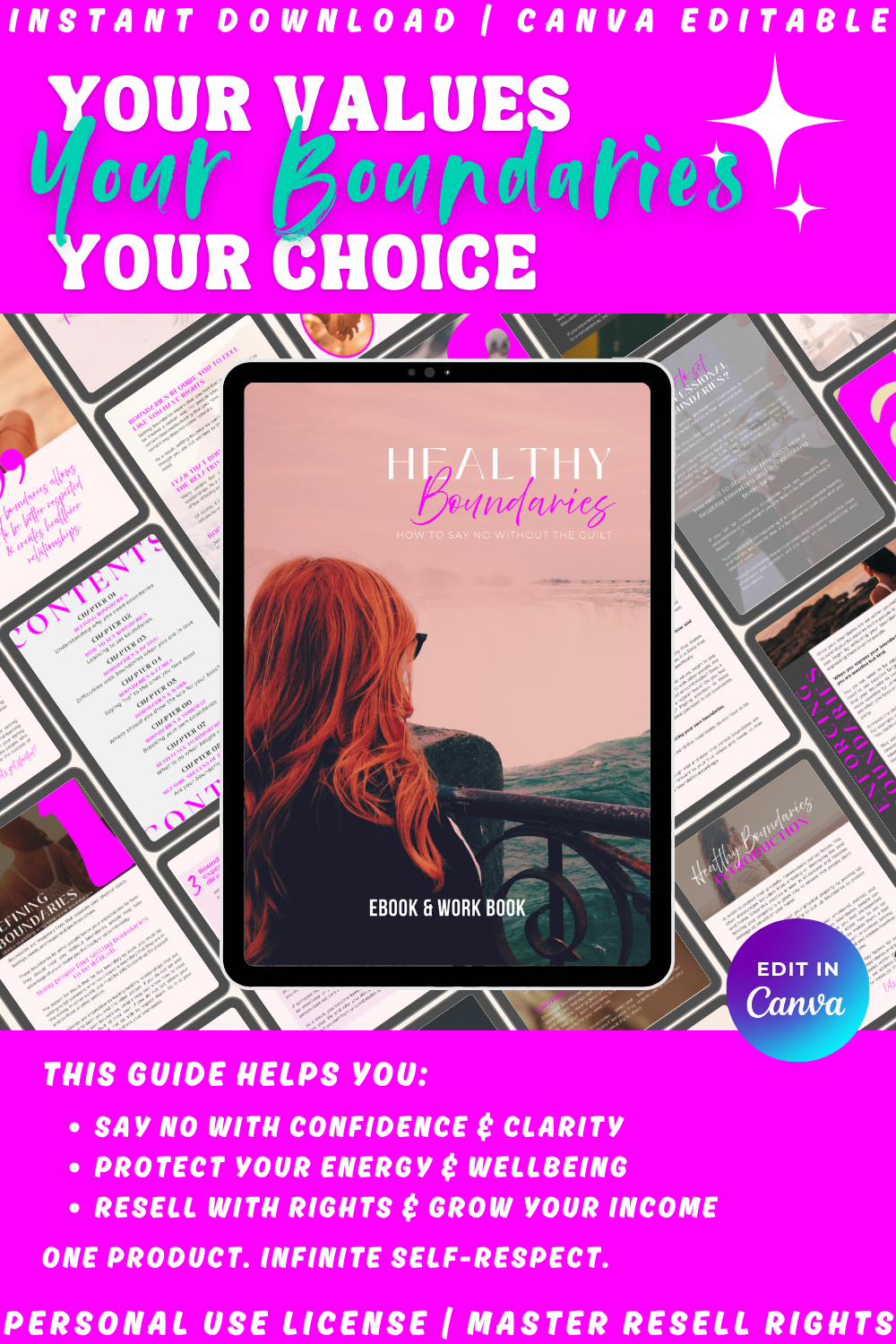 This ebook and workbook "Healthy boundaries - how to say no without the guilt" helps you protect your energy and wellbeing. One product. infinite self-respect. available in personal use license, private label rights, and master resell rights. 
