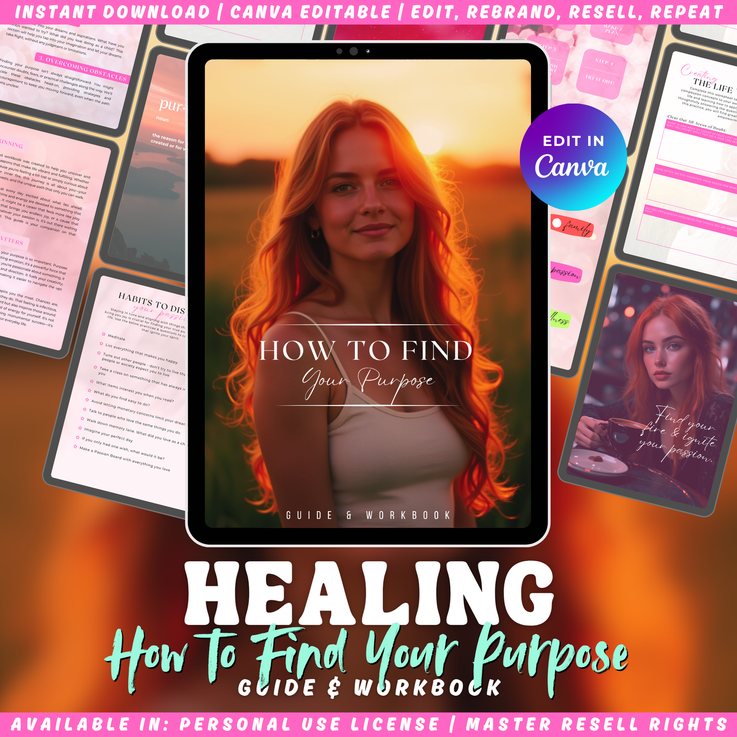 Digital product cover for 'How to Find Your Purpose' guide and workbook with a woman's face on a tablet on top of page previews.