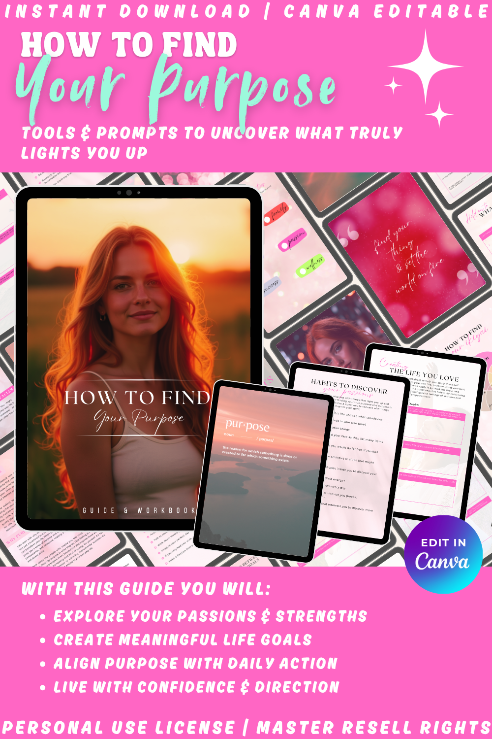 Promotional graphic for 'How to Find Your Purpose' guide with previews of the cover and inside pages. The guide will let you align purpose with daily actions, and show you how to live with confidence and direction.