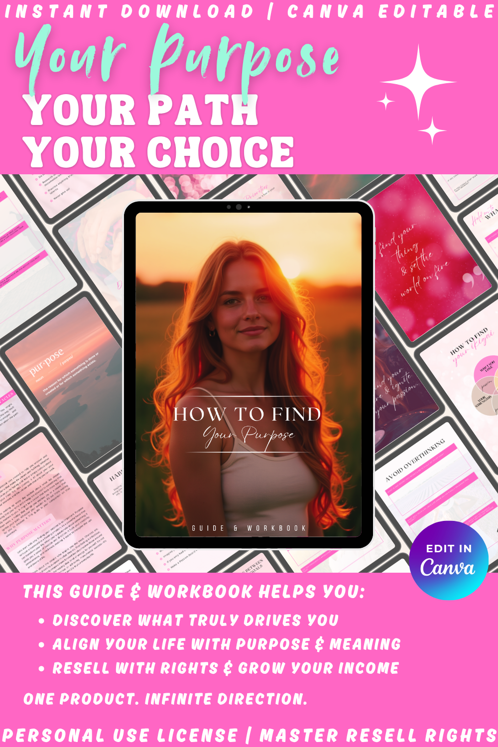 Promotional graphic for a guide and workbook - "How to find your purpose". Discover what truly drives you and align your life with purpose and meaning. 