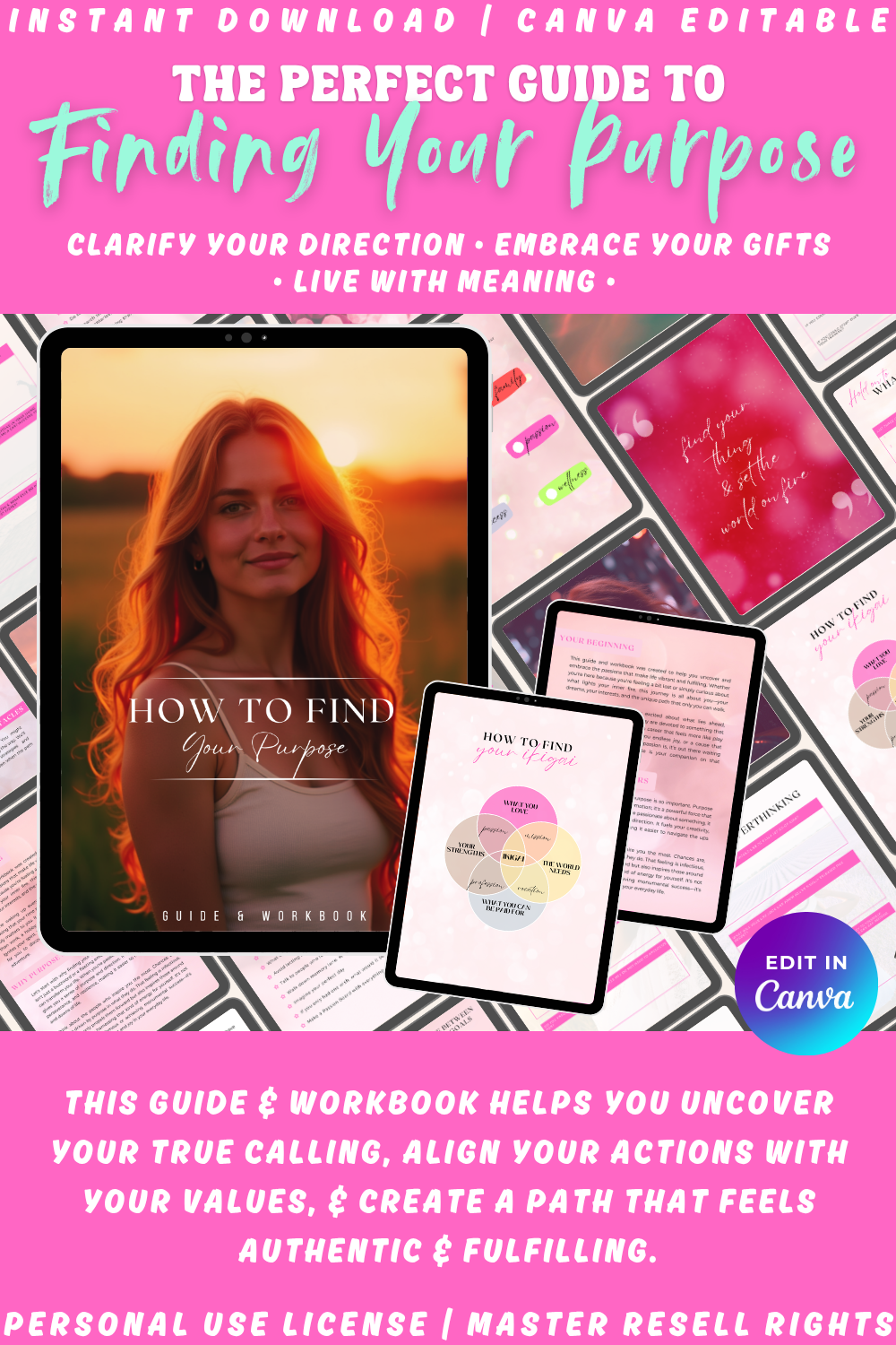 Promotional graphic for the "How to find your purpos" guide and workbook with a woman's face on a tablet and colorful design elements. The product is available in private label rights as well as master resell rights. 