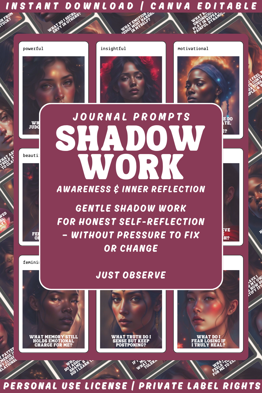 Promotional graphic for 'Into the Shadow - Awareness & Inner reflection' journal prompts cards with a woman's face on a tablet. Available in personal use license and private label rights. image showing previews of the cards. 