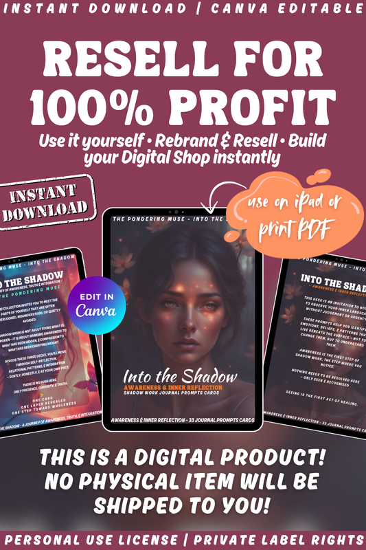 Promotional graphic for 'Into the Shadow - Awareness & Inner reflection' journal prompts cards with a woman's face on a tablet. Available in personal use license and private label rights. Resell for 100% profit.