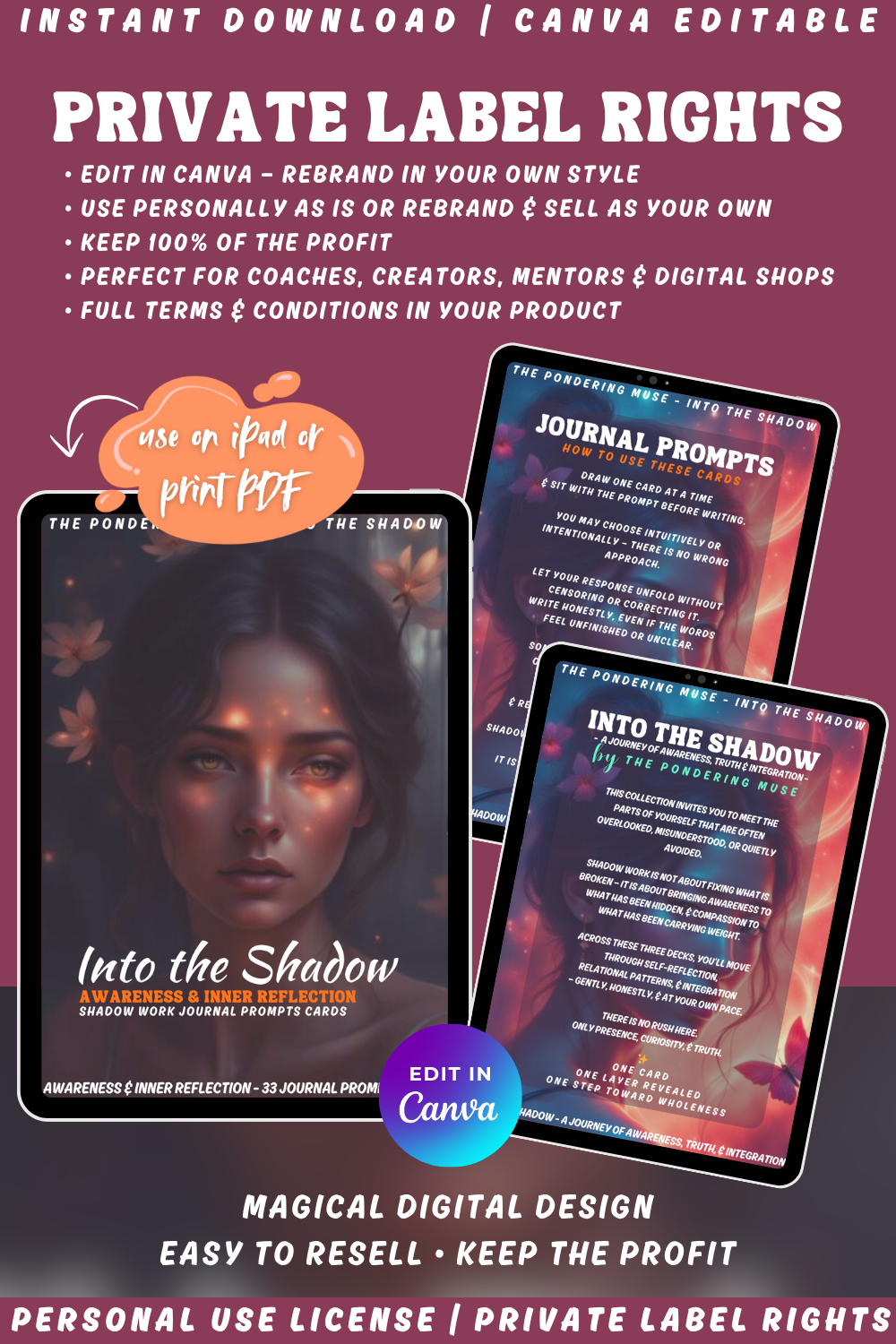 Promotional graphic for 'Into the Shadow - Awareness & Inner reflection' journal prompts cards with a woman's face on a tablet. Available in personal use license and private label rights. Image explaining private label rights.