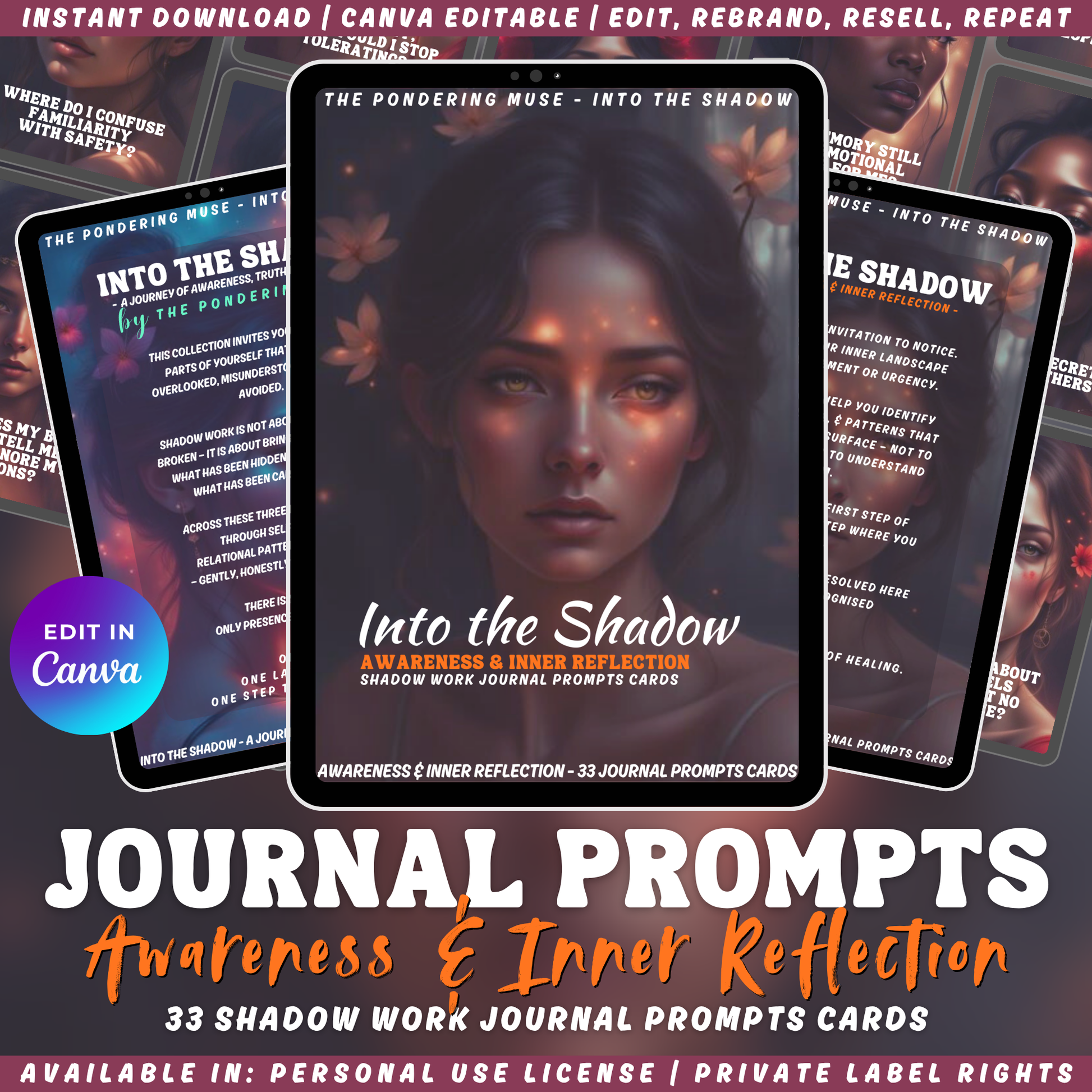 Promotional graphic for 'Into the Shadow - Awareness & Inner reflection' journal prompts cards with a woman's face on a tablet. Available in personal use license and private label rights.