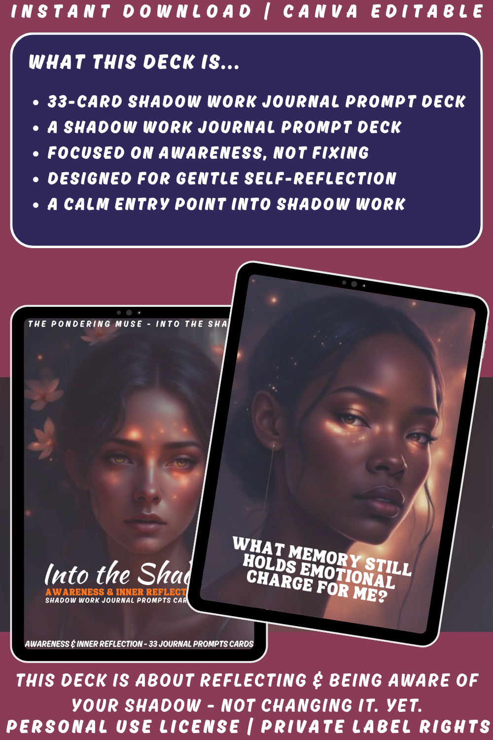 Promotional graphic for 'Into the Shadow - Awareness & Inner reflection' journal prompts cards with a woman's face on a tablet. Available in personal use license and private label rights. Image explaining what this deck is.