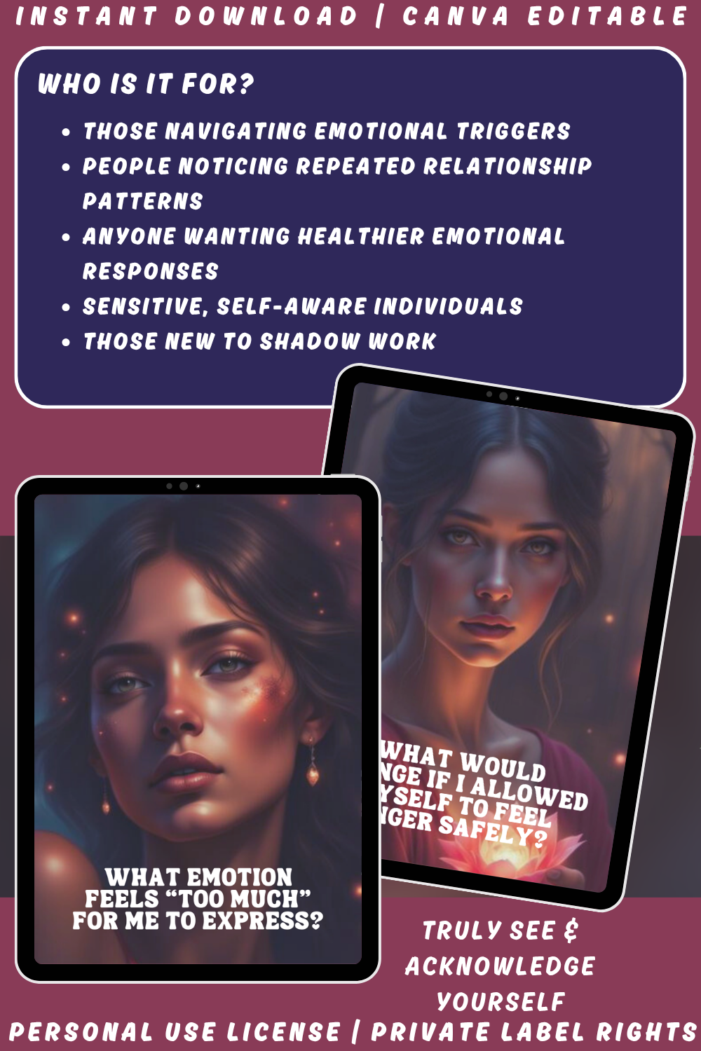 Promotional graphic for 'Into the Shadow - Awareness & Inner reflection' journal prompts cards with a woman's face on a tablet. Available in personal use license and private label rights. image explaining who this deck is for.