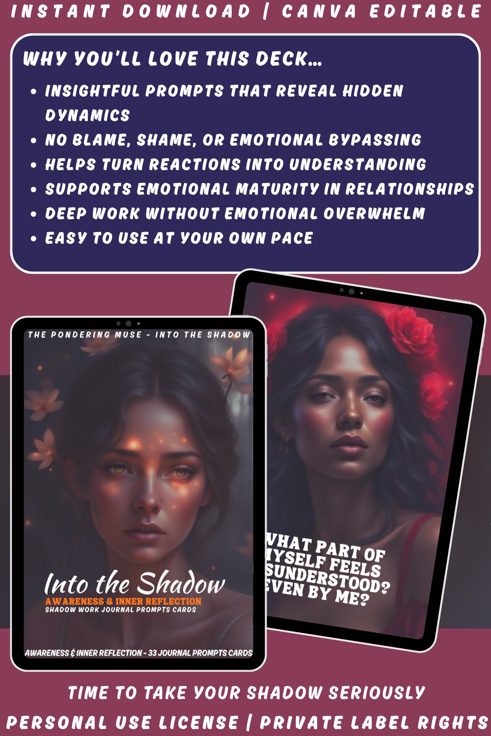 Promotional graphic for 'Into the Shadow - Awareness & Inner reflection' journal prompts cards with a woman's face on a tablet. Available in personal use license and private label rights. image explaining why you'll love this deck.