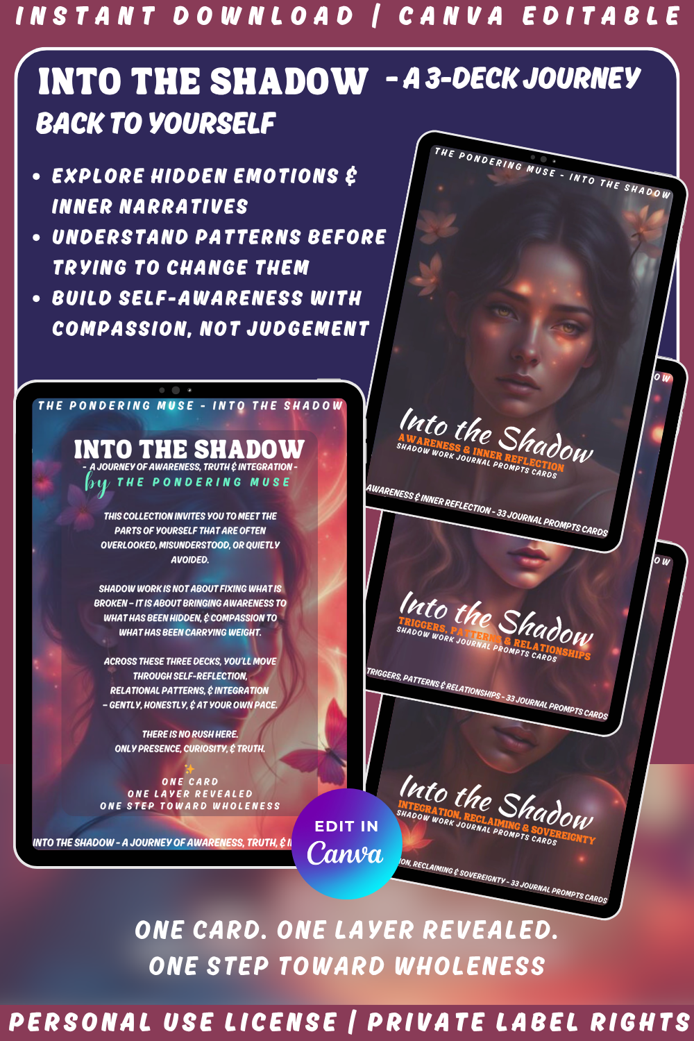 Promotional graphic for 'Into the Shadow - Awareness & Inner reflection' journal prompts cards with a woman's face on a tablet. Available in personal use license and private label rights. image promoting the collection Into the shadow consisting of 3 decks: Awareness & inner reflection, triggers, patterns, & relationships and Integration, reclaiming & sovereignty.