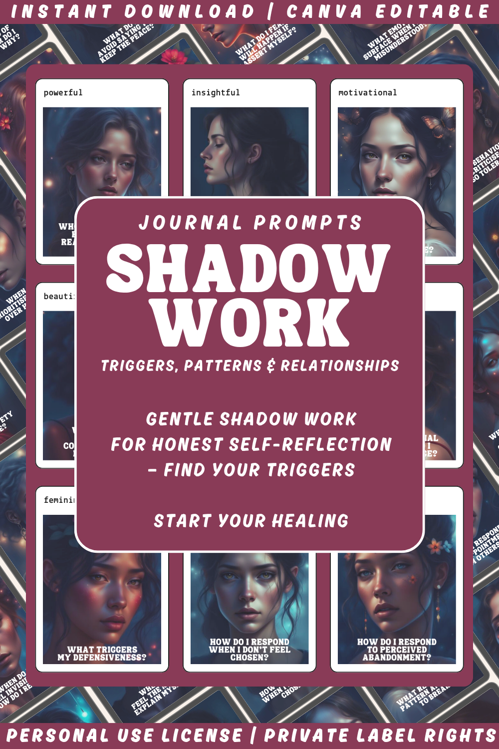 Promotional graphic for 'Into the Shadow - trigger, patterns & relationships' shadow work journal prompts cards with a woman's face and text. available in personal use license and private label rights. Collage showing previews of the cards.