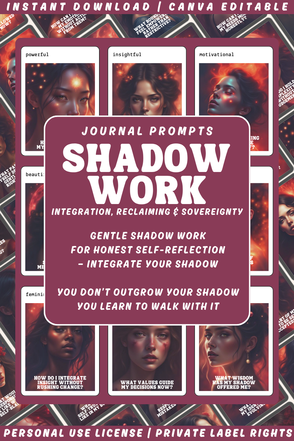 Promotional image of 'Into the Shadow - Integration, reclaiming & sovereignty' journal prompts cards with a woman's face and text. Available in personal use license and private label rights. Collage showcasing previews of the cards.
