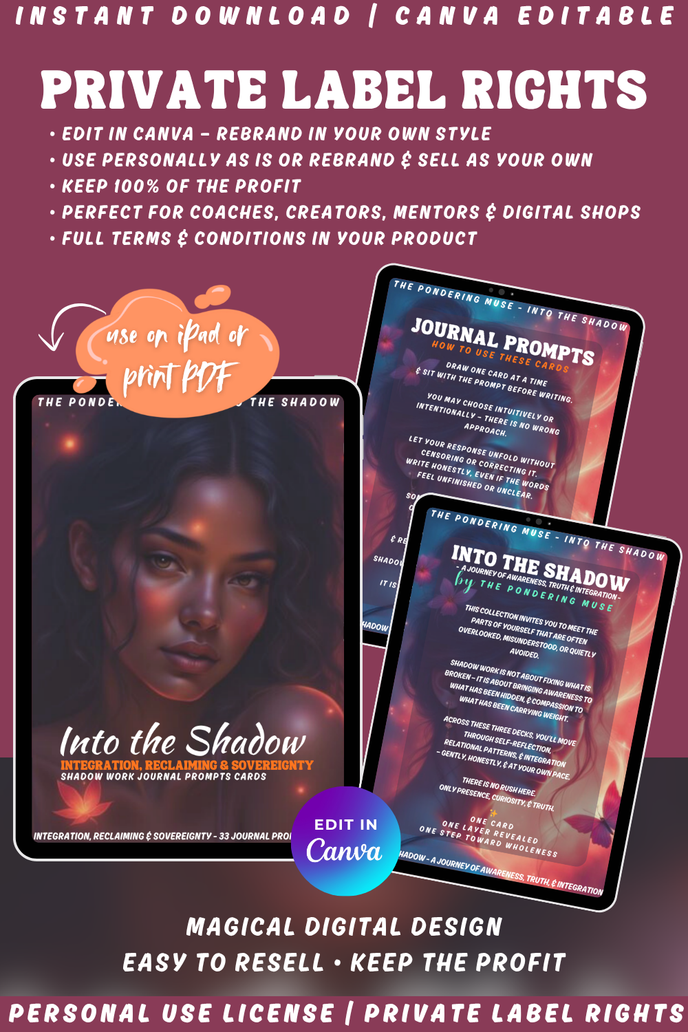 Promotional image of 'Into the Shadow - Integration, reclaiming & sovereignty' journal prompts cards with a woman's face and text. Available in personal use license and private label rights. Image explaining private label rights. 