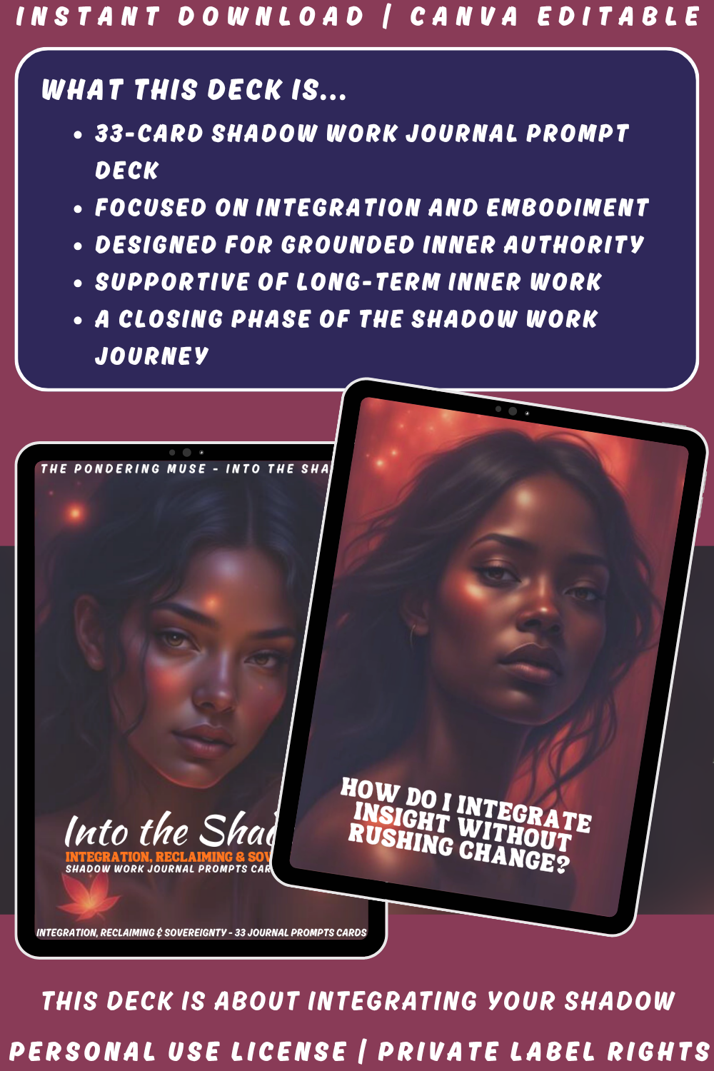 Promotional image of 'Into the Shadow - Integration, reclaiming & sovereignty' journal prompts cards with a woman's face and text. Available in personal use license and private label rights. Image explaining what this deck is.