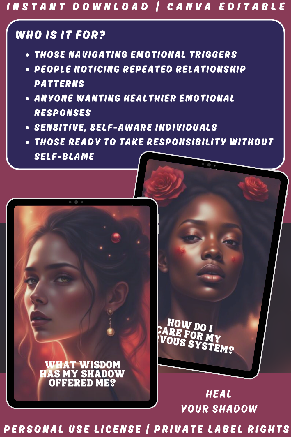 Promotional image of 'Into the Shadow - Integration, reclaiming & sovereignty' journal prompts cards with a woman's face and text. Available in personal use license and private label rights. Image explaining who this deck is for.