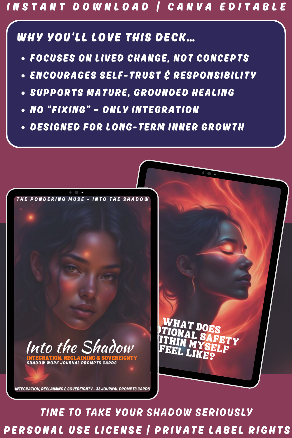 Promotional image of 'Into the Shadow - Integration, reclaiming & sovereignty' journal prompts cards with a woman's face and text. Available in personal use license and private label rights. Image explaining why you'll love this deck. 
