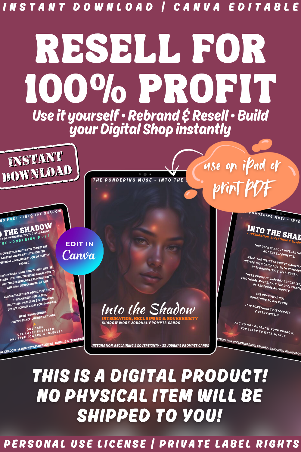 Promotional image of 'Into the Shadow - Integration, reclaiming & sovereignty' journal prompts cards with a woman's face and text. Available in personal use license and private label rights. Resell for 100% profit.