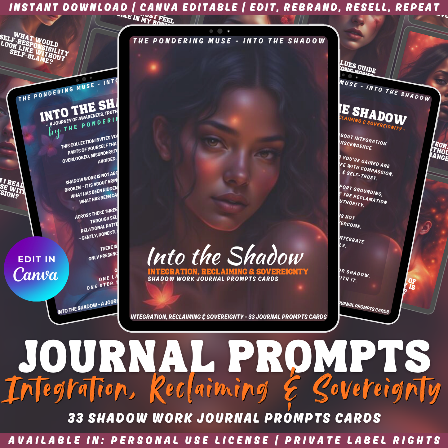 Promotional image of 'Into the Shadow - Integration, reclaiming & sovereignty' journal prompts cards with a woman's face and text. Available in personal use license and private label rights. 