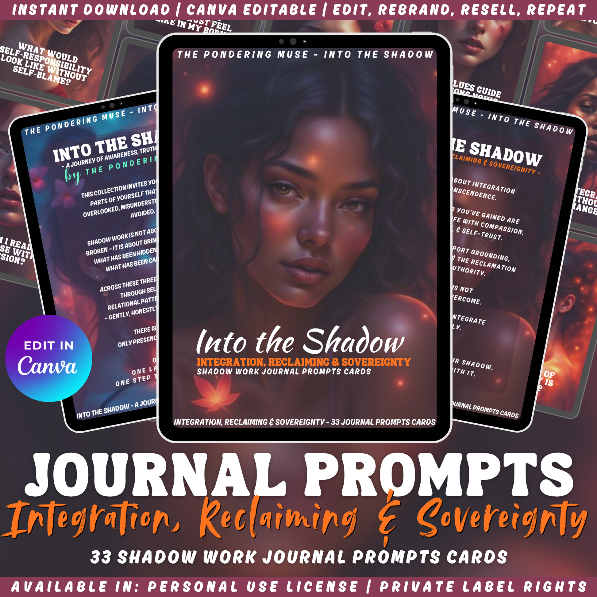 Promotional image of 'Into the Shadow - Integration, reclaiming & sovereignty' journal prompts cards with a woman's face and text. Available in personal use license and private label rights. 