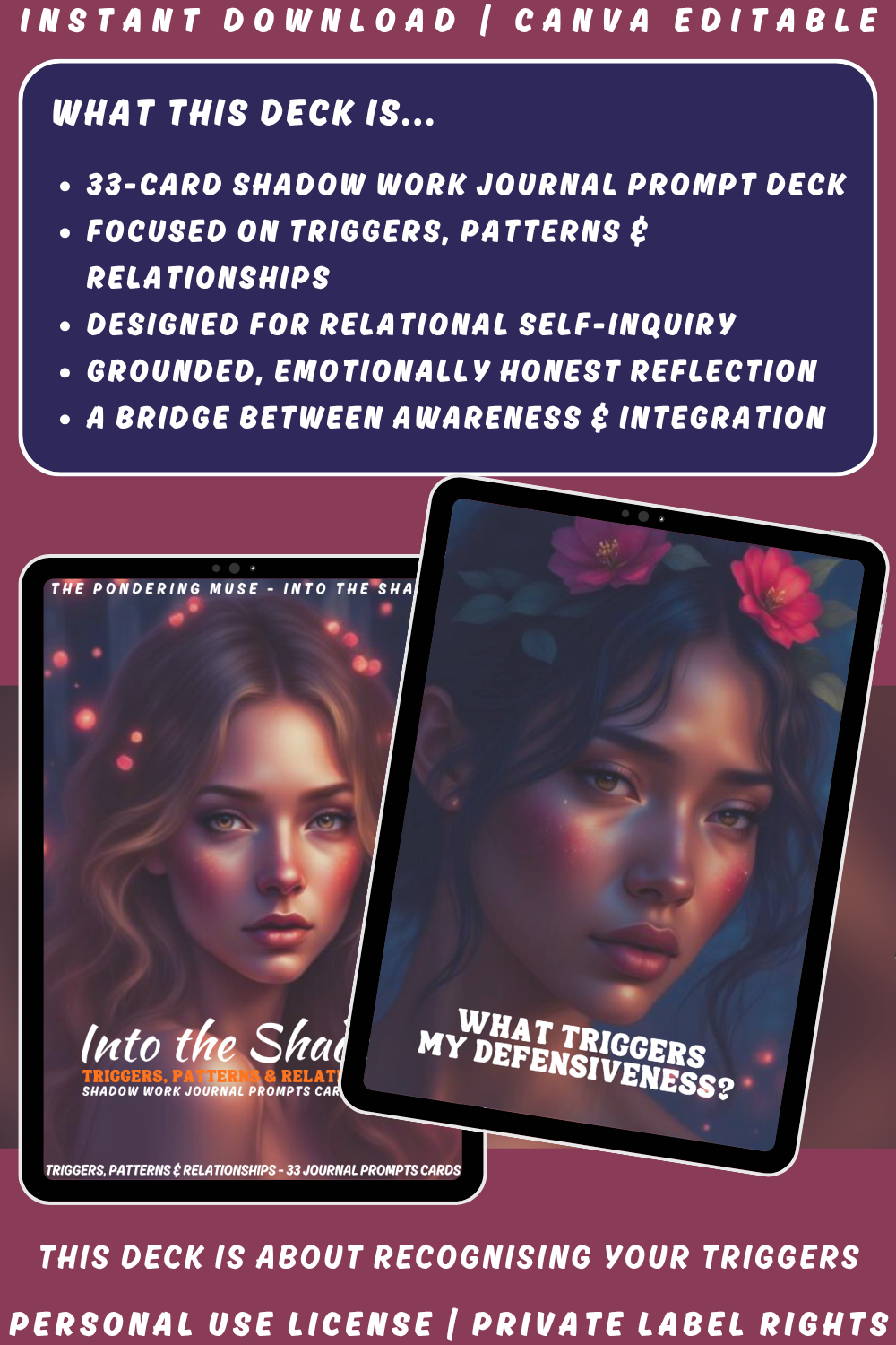 Promotional graphic for 'Into the Shadow - trigger, patterns & relationships' shadow work journal prompts cards with a woman's face and text. available in personal use license and private label rights. Image explaining what this deck is.