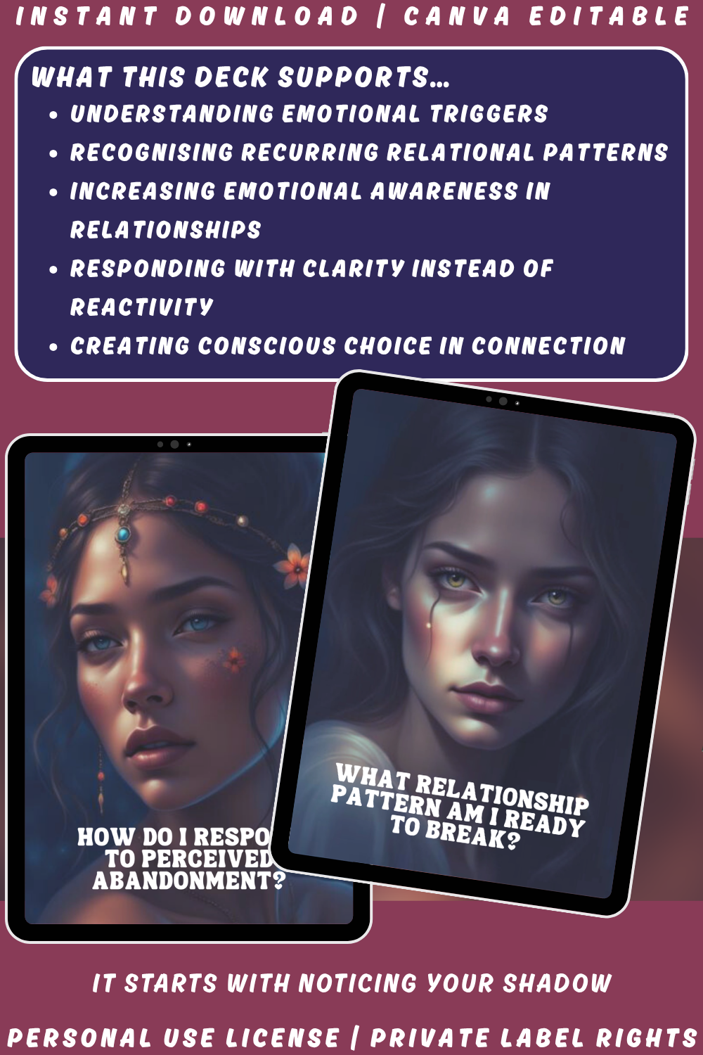 Promotional graphic for 'Into the Shadow - trigger, patterns & relationships' shadow work journal prompts cards with a woman's face and text. available in personal use license and private label rights. Image explaining what this deck supports.
