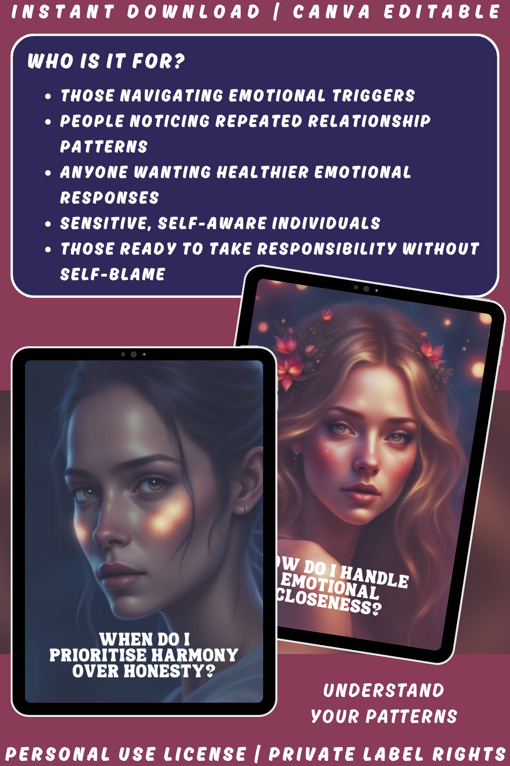 Promotional graphic for 'Into the Shadow - trigger, patterns & relationships' shadow work journal prompts cards with a woman's face and text. available in personal use license and private label rights. Image explaining who the deck is for