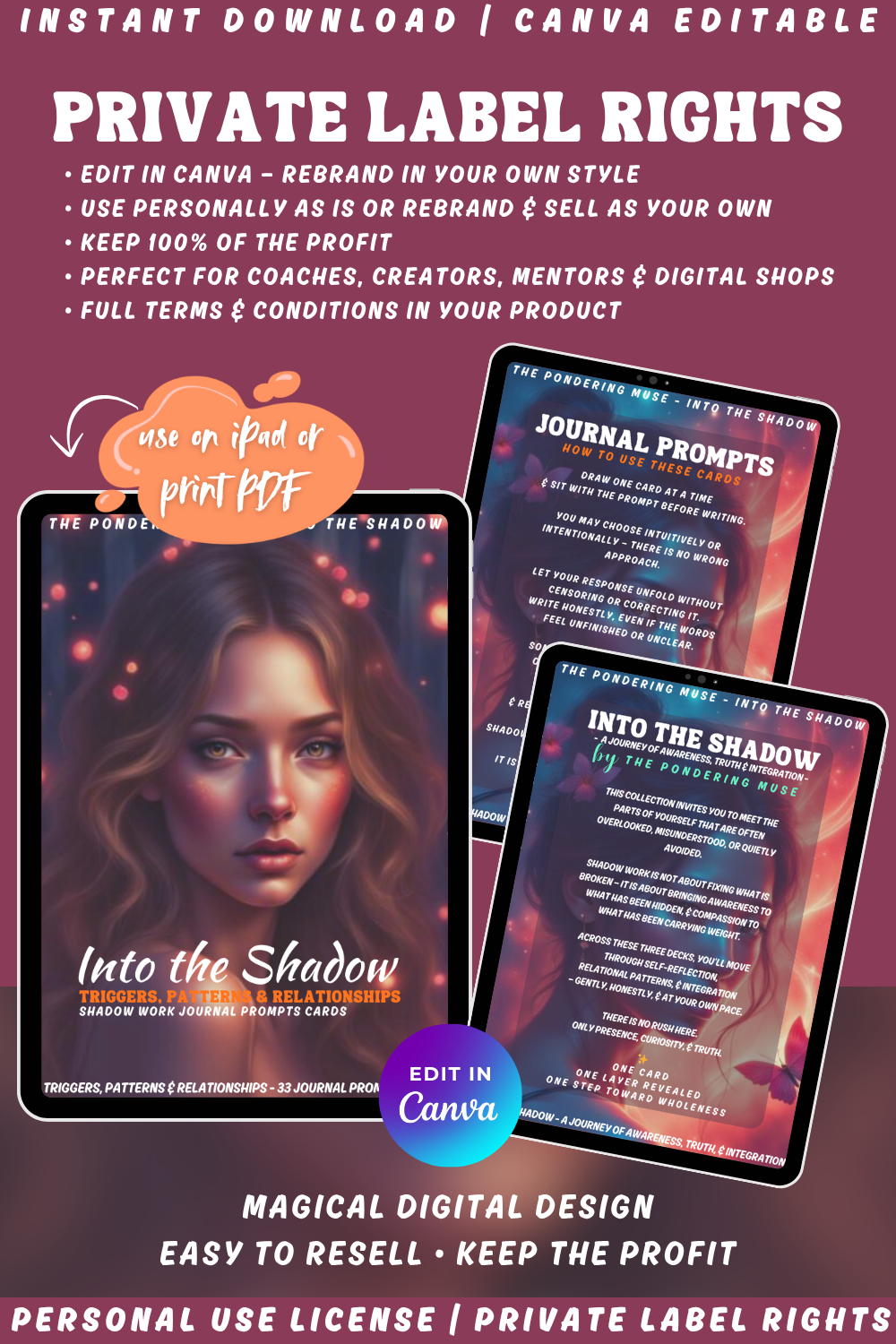 Promotional graphic for 'Into the Shadow - trigger, patterns & relationships' shadow work journal prompts cards with a woman's face and text. available in personal use license and private label rights. Image explaining private label rights.