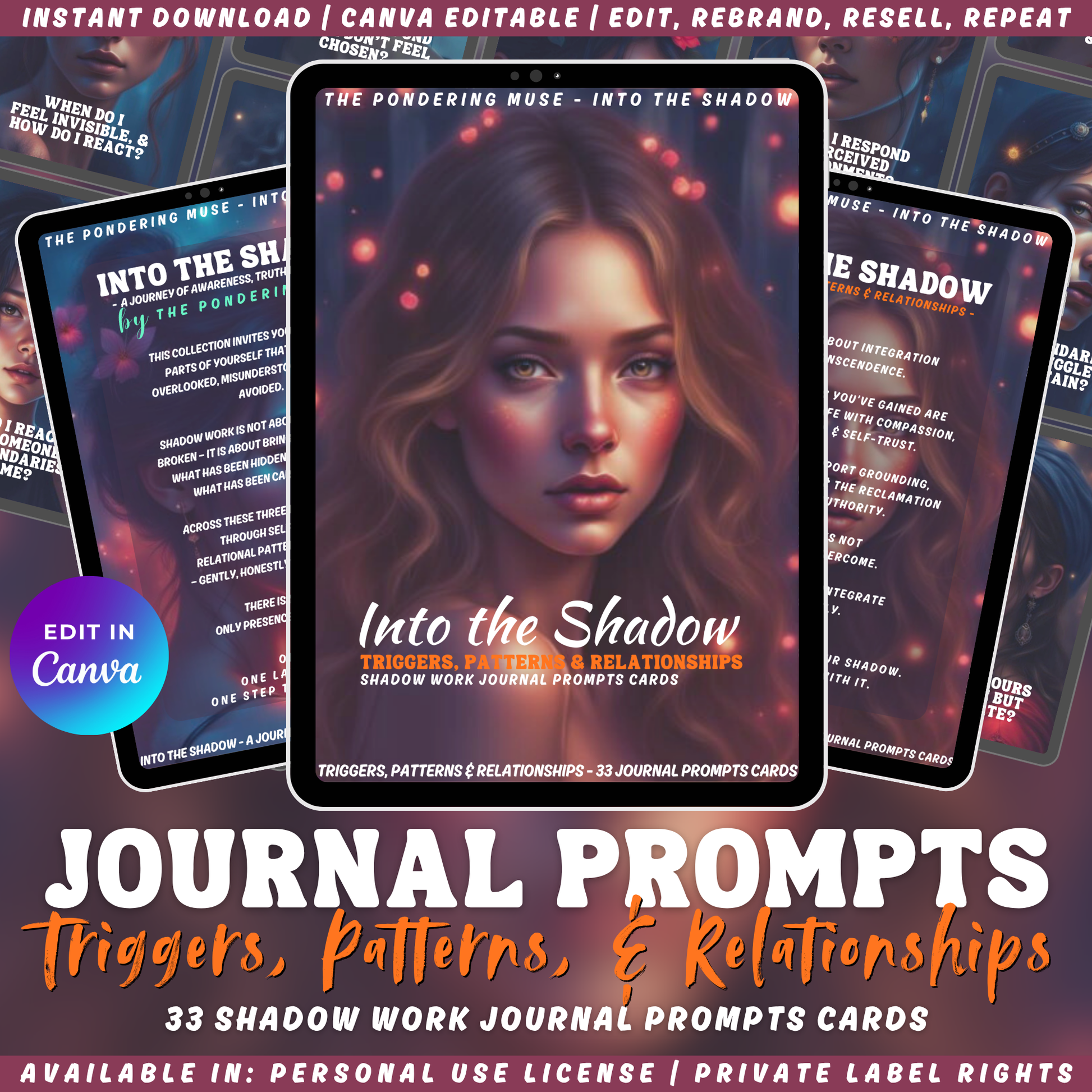 Promotional graphic for 'Into the Shadow - trigger, patterns & relationships' shadow work journal prompts cards with a woman's face and text. available in personal use license and private label rights.