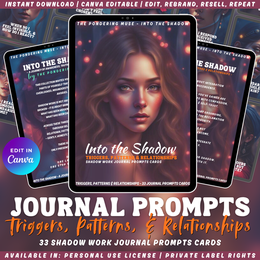 Promotional graphic for 'Into the Shadow - trigger, patterns & relationships' shadow work journal prompts cards with a woman's face and text. available in personal use license and private label rights.