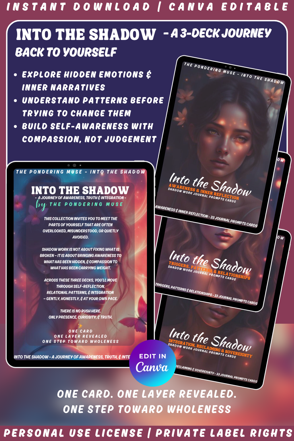 Promotional graphic for 'Into the Shadow - trigger, patterns & relationships' shadow work journal prompts cards with a woman's face and text. available in personal use license and private label rights. image showing the full collection Into the shadow consisting of 3 decks: Awareness & Inner reflection, Triggers, patterns & relationships and Integration, reclaiming & sovereignty.