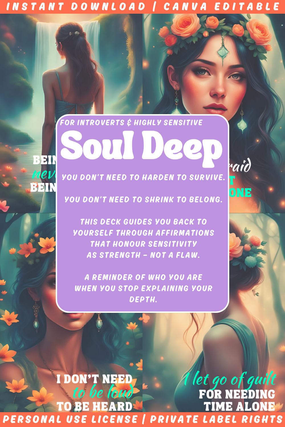Preview of the affirmation card deck "Soul Deep". For introverts and highly sensitive, this is a deck you need to start listen to your soul. Available in personal use license and private label rights. 
