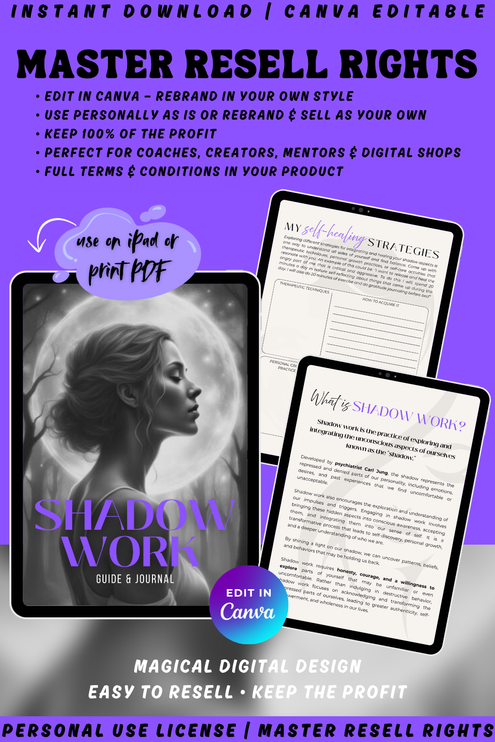 Instant download and canva editable guide and journal - "Shadow Work". Healing tools to use personally or buy with PLR or MRR rights, to rebrand and resell.