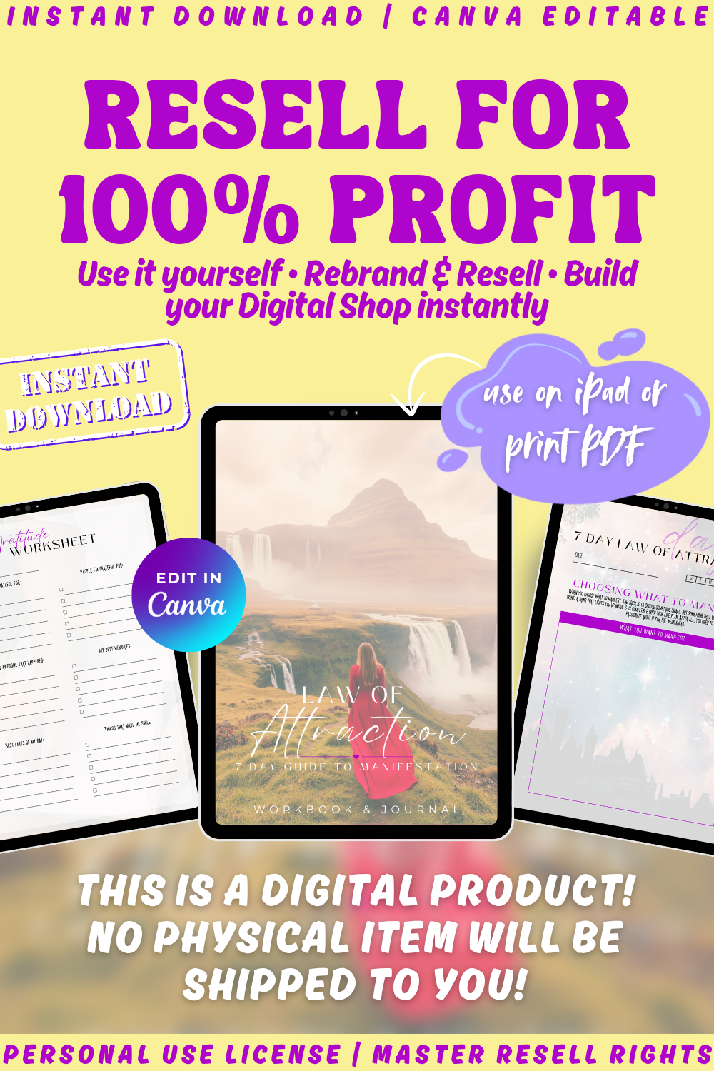Law of attraction - 7 day workbook and journal. Available in personal use license, private label rights or master resell rights. This is a digital download. Use it yourself or rebrand and resell. 
