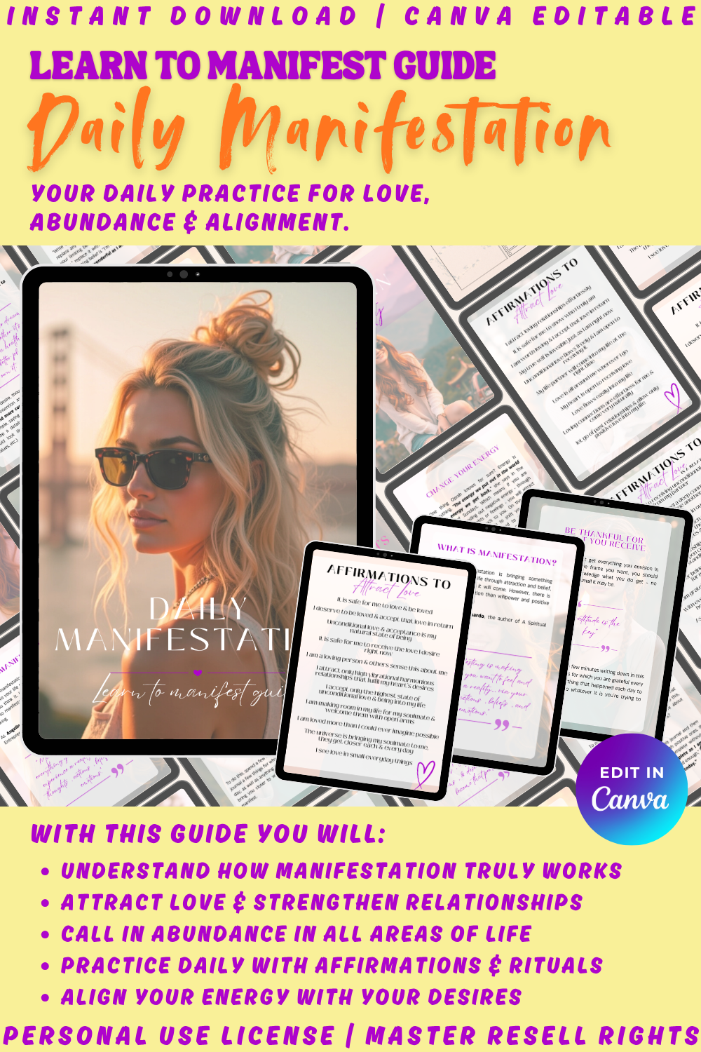 Promotional graphic for "Daily Manifestation - learn to manifest" guide and workbook. Previews of the ebooks pages. This guide will help you understand and master manifestation and the law of attraction. 