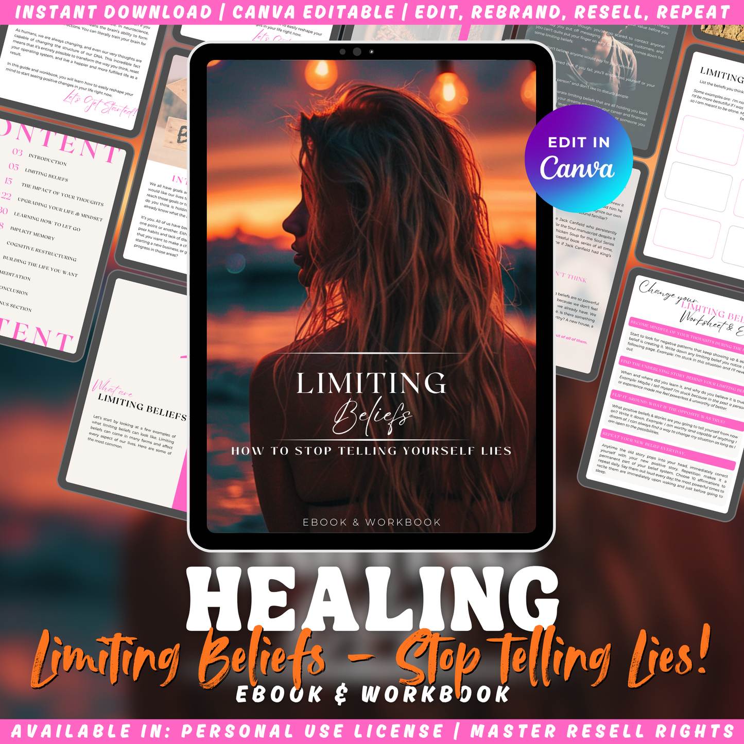 "Limiting Beliefs - how to stop telling yourself lies". Ebook and workbook to start your healng journey. Available in personal use license, private label rights and master resell rights. 