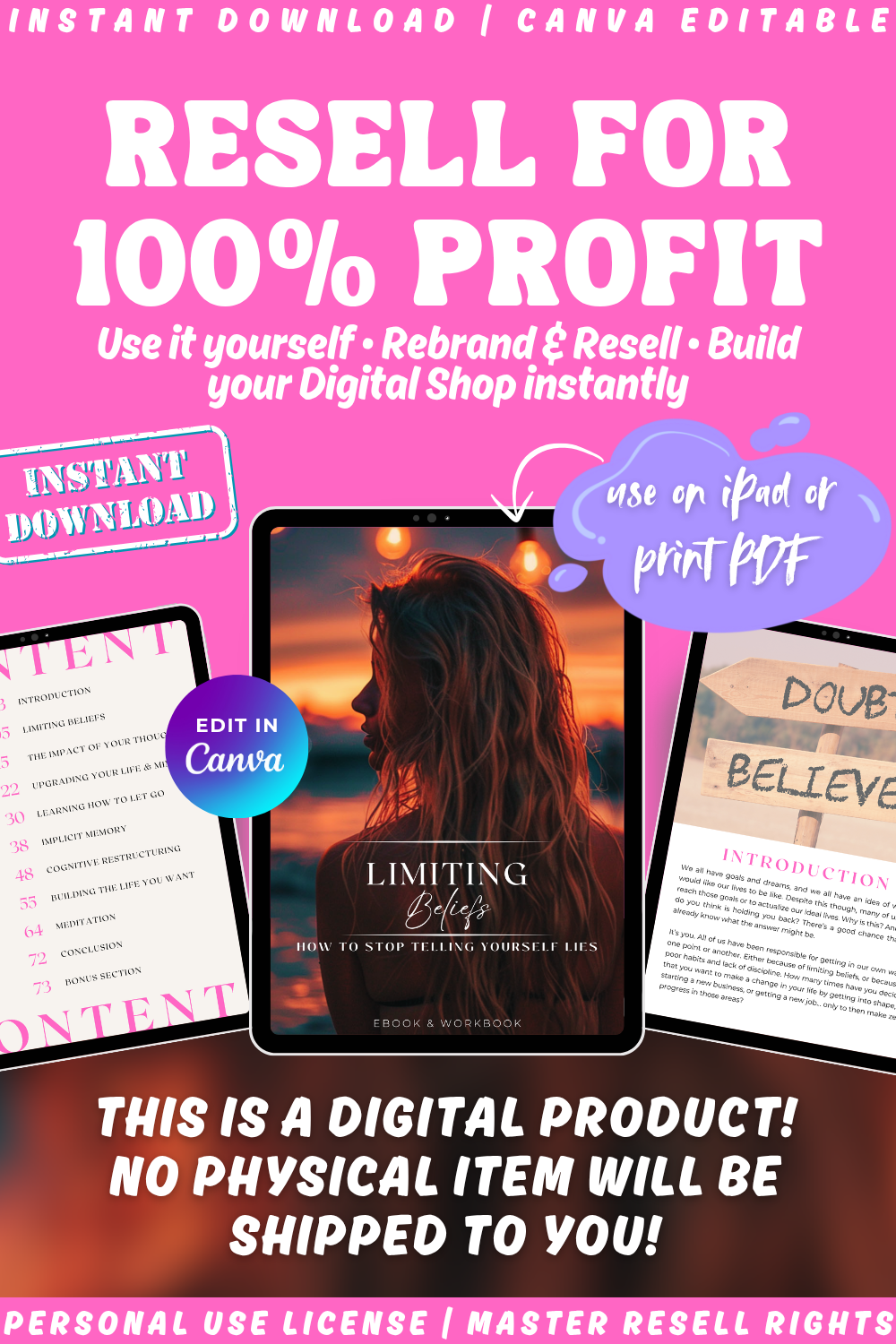Instant download and digital product. "Limiting Beliefs - how to stop telling yourself lies". Available in personal use license, private label rights and master resell rights. Use it yourself or rebrand and resell. Build your digital shop instantly. 