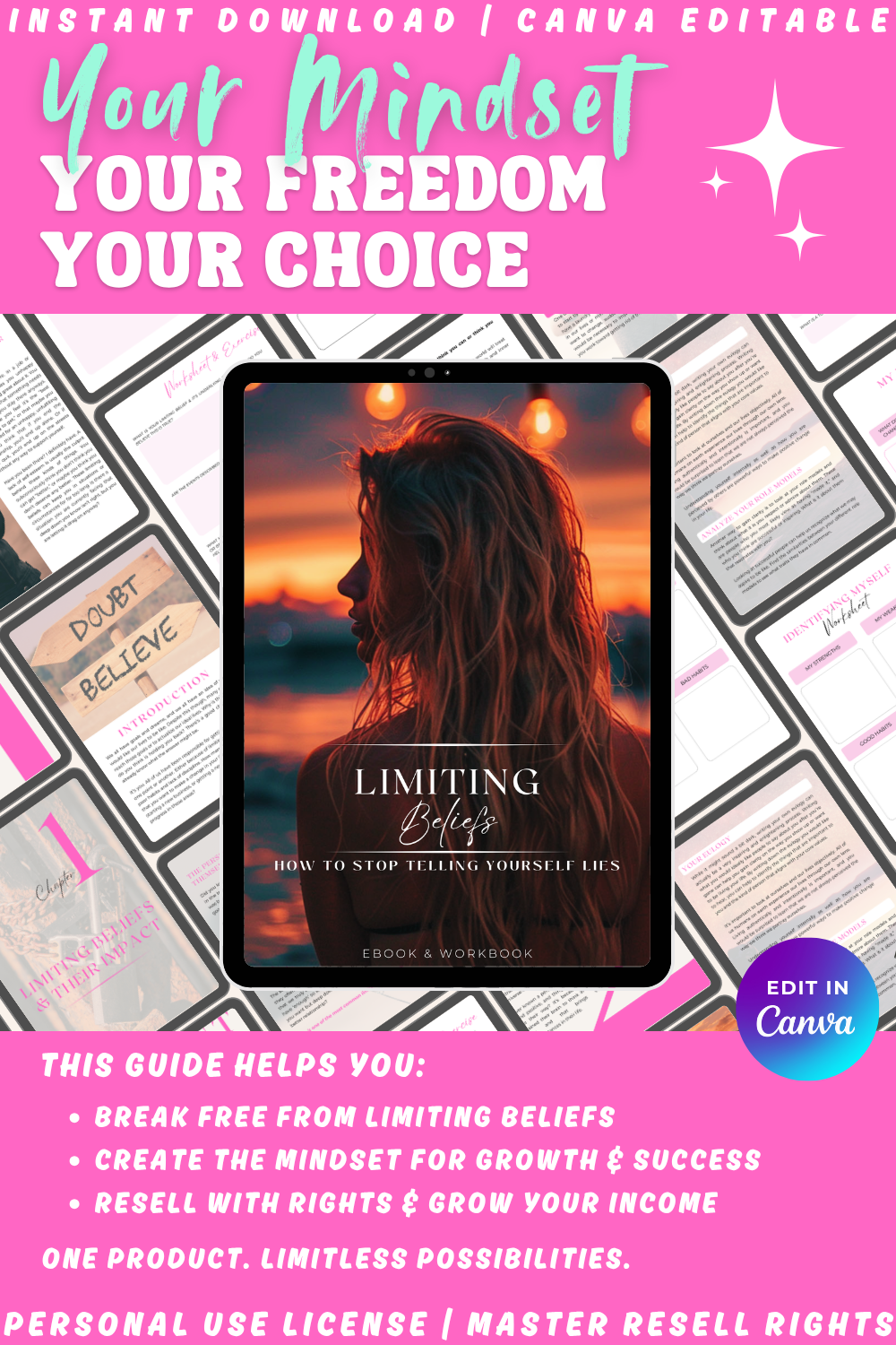"Limiting beliefs - how to stop telling yourself lies". This guide helps you in your healing journey. One product. Limitless possibilities. Available in personal use license, private label rights, and master resell rights. 