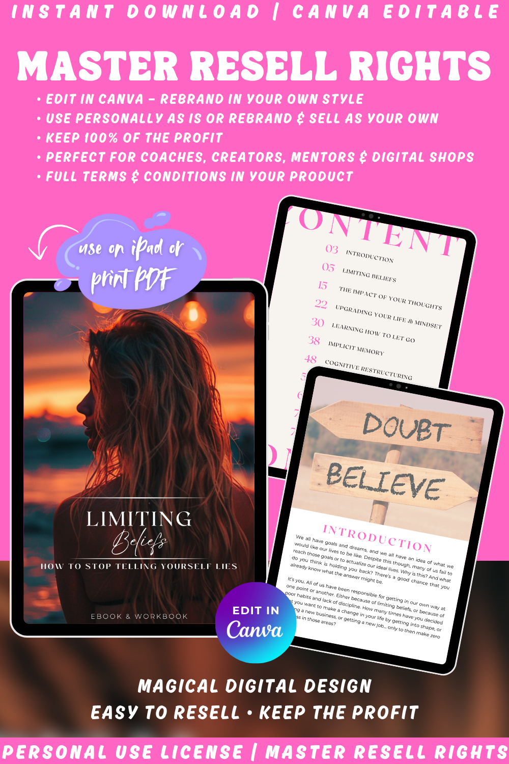 Ebook and workbook "Limiting Beliefs - how to stop telling yourself lies". Available in personal use license, private label rights and master resell rights. edit in canva, rebrand and resell. Perfect for coaches, creators and mentors. 