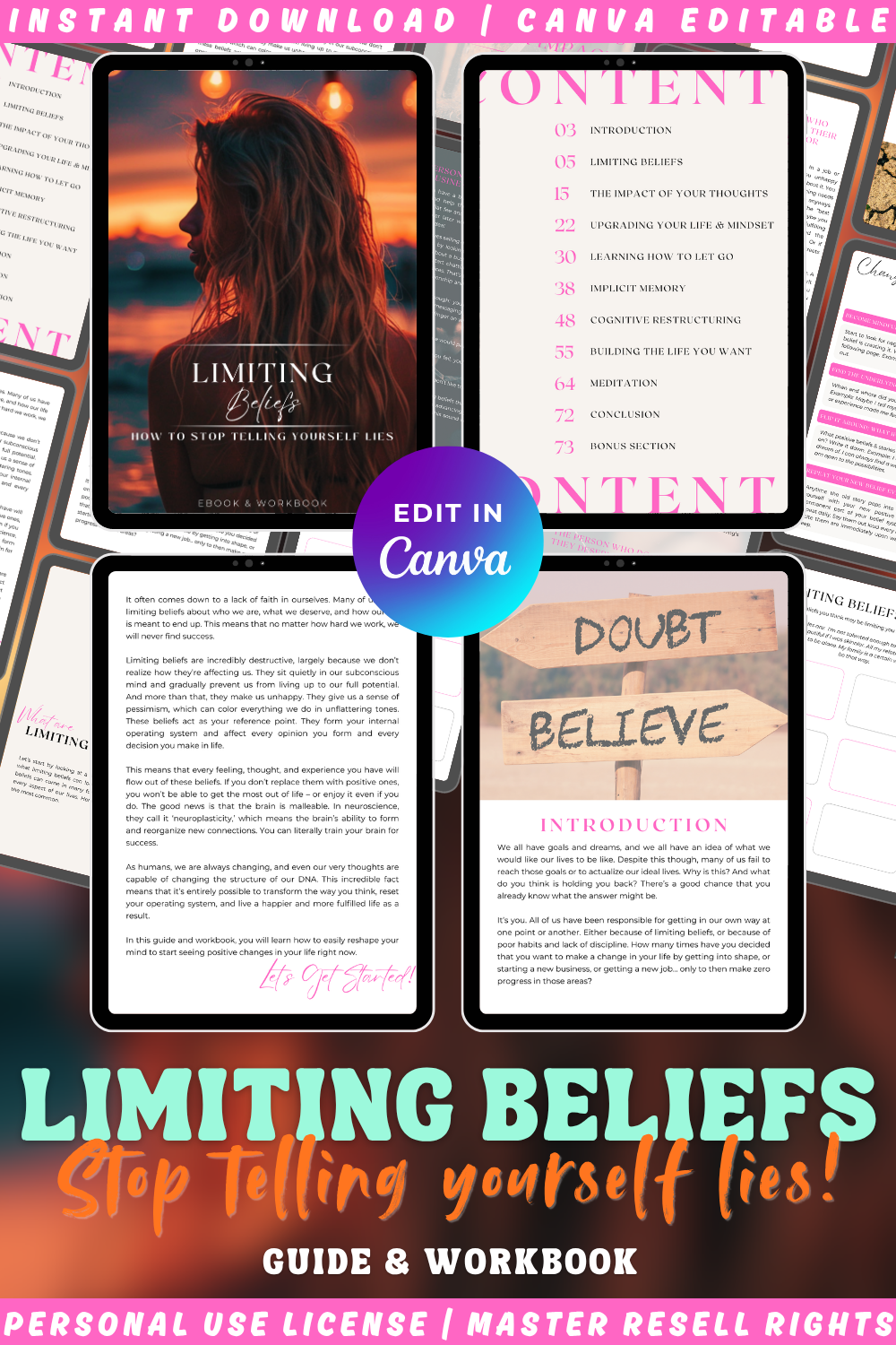 How to stop telling yourself lies - Limiting beliefs. guide and workbook. Available in personal use license, private label rights and master resell rights. Overview of the book's pages. 