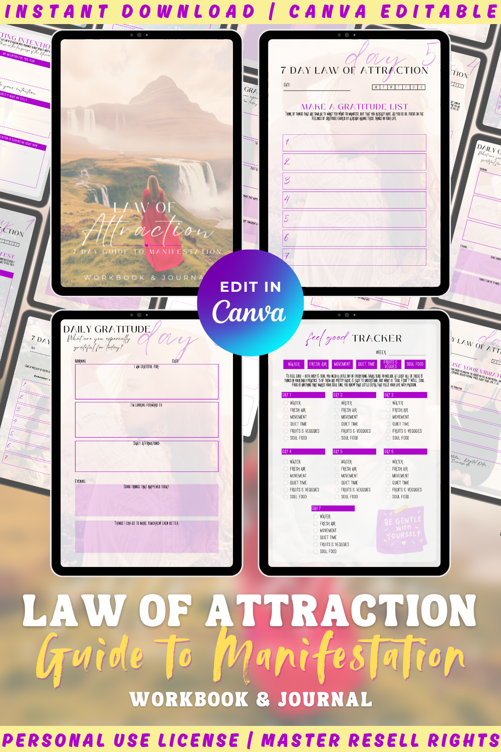 Law of attraction planner. 7 days to your abundance. manifest your dream life. available for personal use license, private label rights or master resell rights.