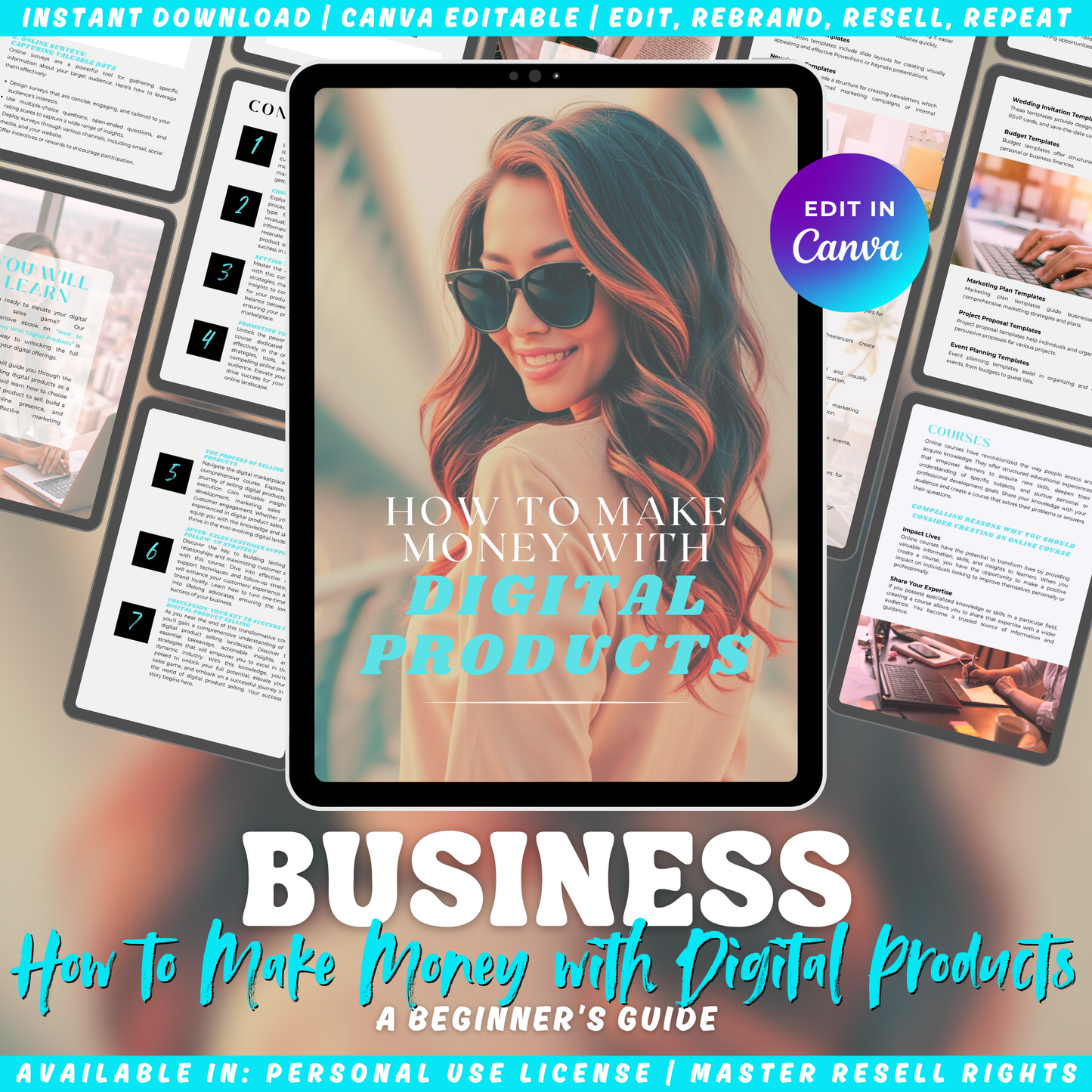 Promotional graphic for a business guide "How to make money with digital products". A beginner's guide to financial freedom.