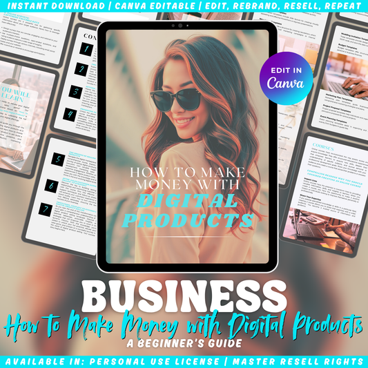Promotional graphic for a business guide "How to make money with digital products". A beginner's guide to financial freedom.