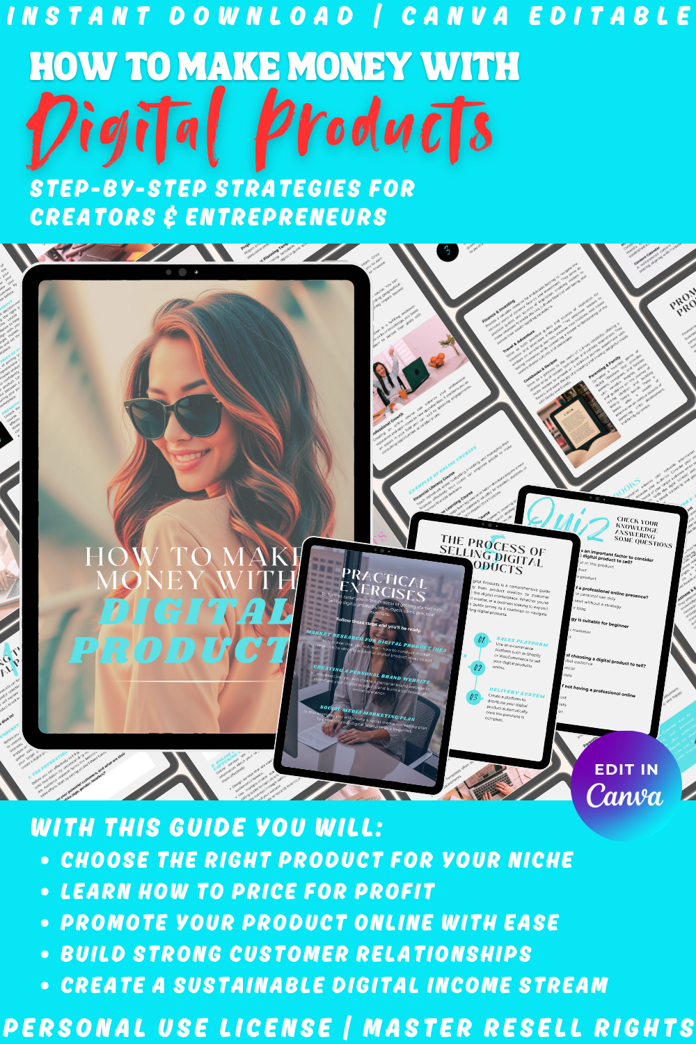 Promotional graphic for the ebook "How to make money with digital products". The guide will help you create a sustainable digital income stream. To become financially free. 