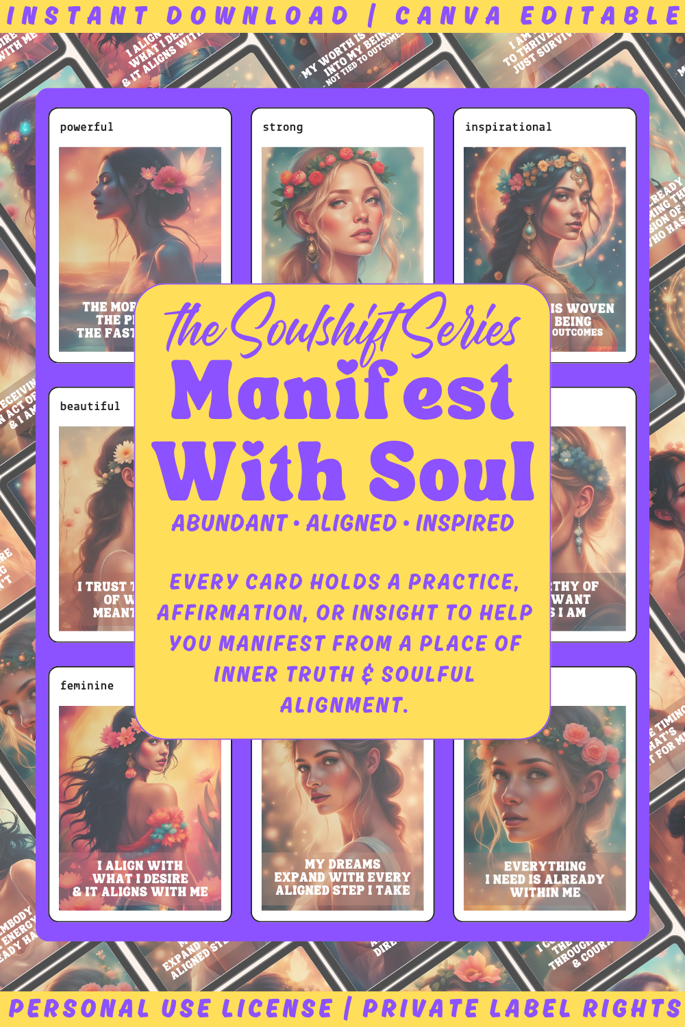 Promotional graphic for 'Manifest with Soul' affirmation cards from the SOulshift collection. Available in personal use license and private label rights. collage previewing the affirmation cards