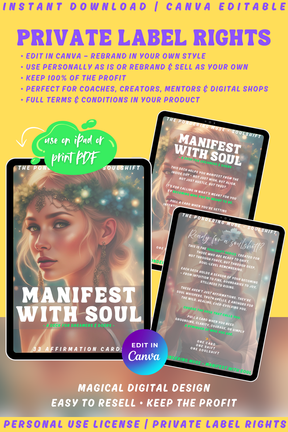 Promotional graphic for 'Manifest with Soul' affirmation cards from the SOulshift collection. Available in personal use license and private label rights. image explaining plr