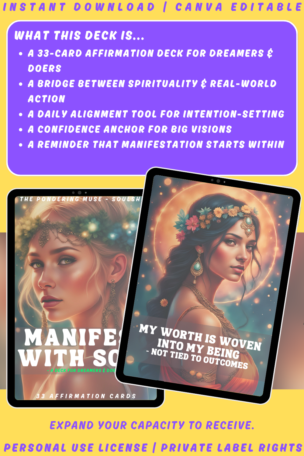 Promotional graphic for 'Manifest with Soul' affirmation cards from the SOulshift collection. Available in personal use license and private label rights. image explaining what this deck is