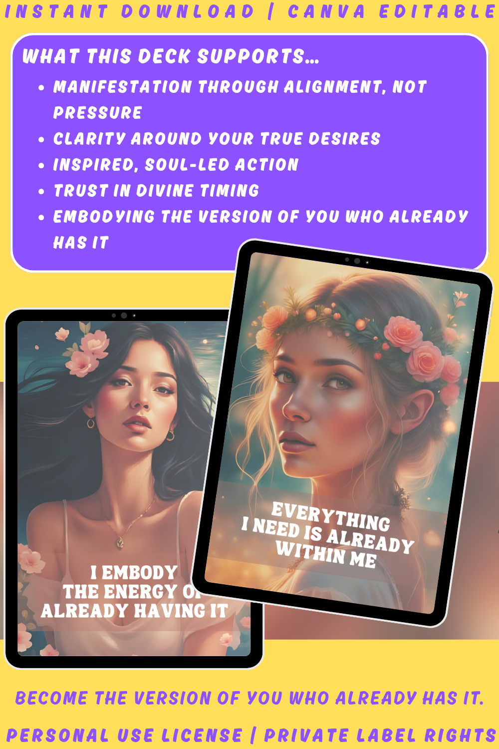 Promotional graphic for 'Manifest with Soul' affirmation cards from the SOulshift collection. Available in personal use license and private label rights. image explaining what this deck supports