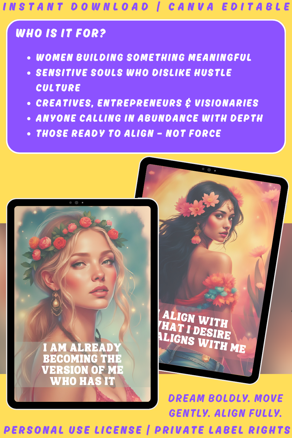 Promotional graphic for 'Manifest with Soul' affirmation cards from the SOulshift collection. Available in personal use license and private label rights. image explaining who the deck is for